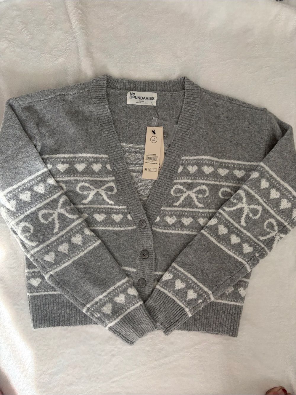 No Boundaries Gray V-Neck Button Cardigan with White Heart & Bow Pattern